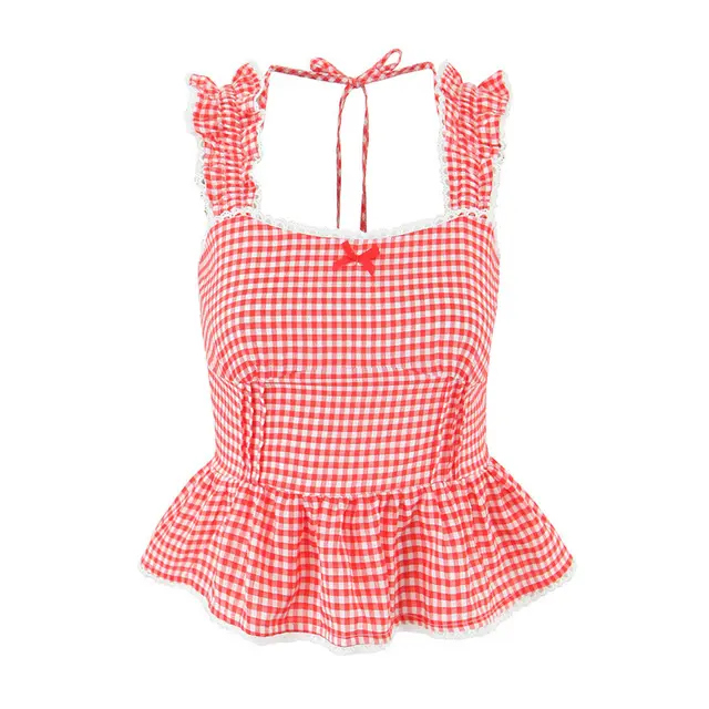 Sweet Style Color contrast Check Short Camisole Pink - Shop at LoveMi