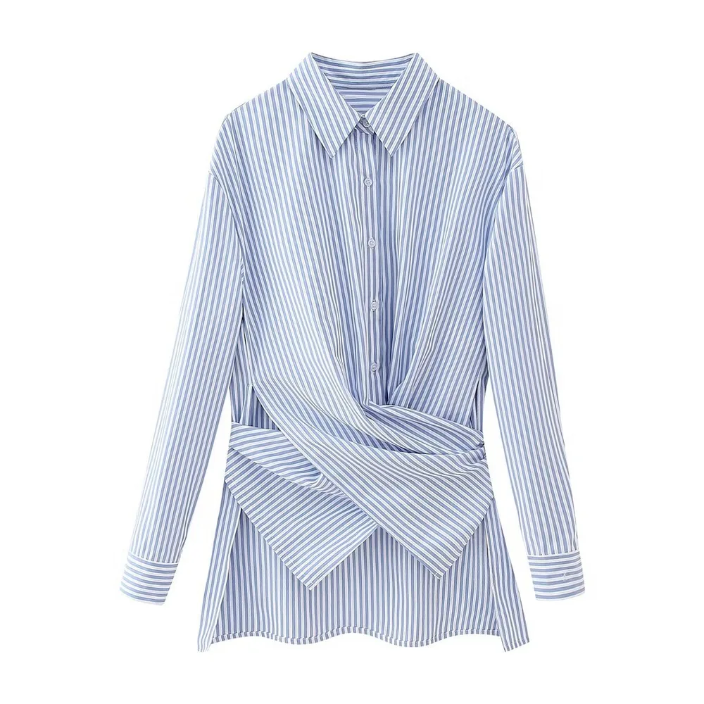 Fashion Loose Striped Lace-up Multi-color Long Sleeve Shirt - Blue - View 1