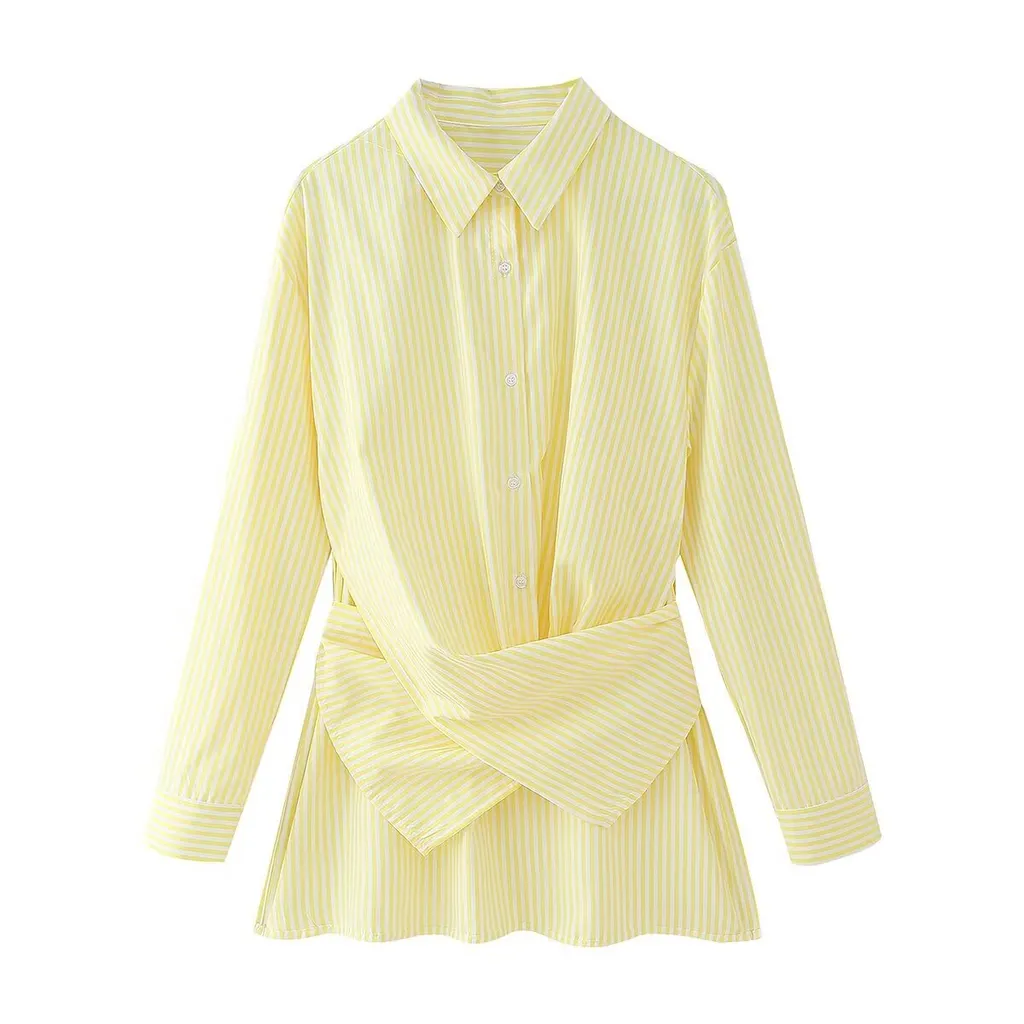 Fashion Loose Striped Lace-up Multi-color Long Sleeve Shirt - Yellow