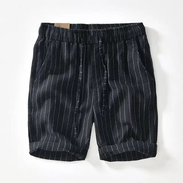 Breathable Cotton Linen Loose Beach Shorts Striped Black - Shop at LoveMi