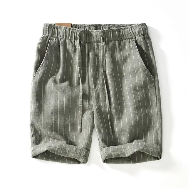 Breathable Cotton Linen Loose Beach Shorts Striped Green - Shop at LoveMi