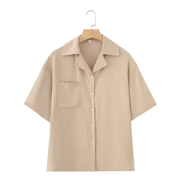French Lapel Short Sleeve Shirt Outfit Loose Shorts Two piece Set Beige Coat - Shop at LoveMi