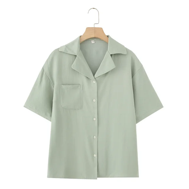 French Lapel Short Sleeve Shirt Outfit Loose Shorts Two piece Set Mint Green Jacket - Shop at LoveMi