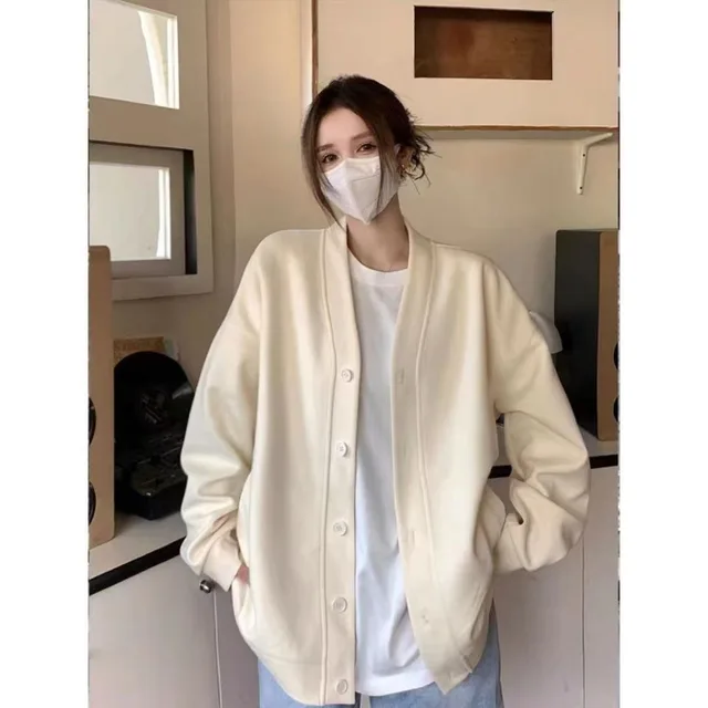 Spring And Autumn Korean Button Cardigan Top Women's New Fashion V neck Loose Sweater Coat Apricot - Shop at LoveMi