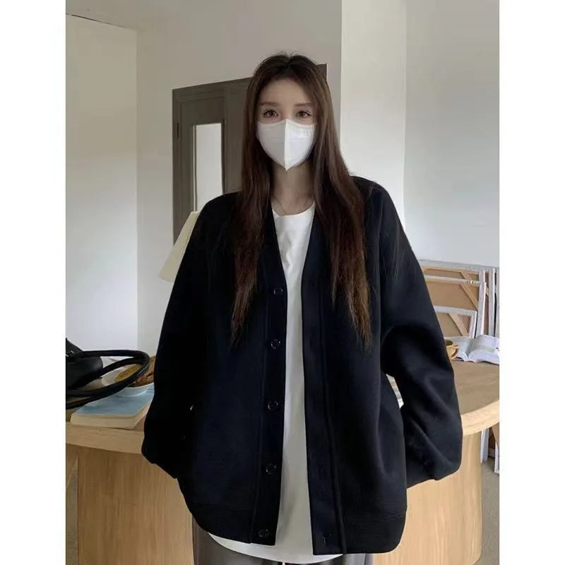 Spring And Autumn Korean Button Cardigan Top Women's New Fashion V-neck Loose Sweater Coat - Black - View 1