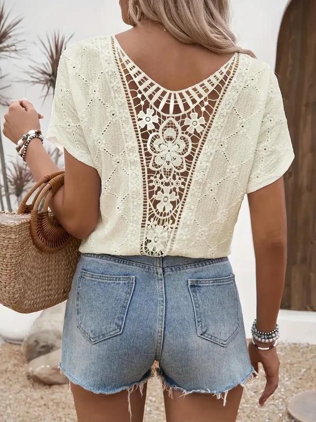 Women's Solid Color Embroidered Hollow Short Sleeve Apricot - Shop at LoveMi