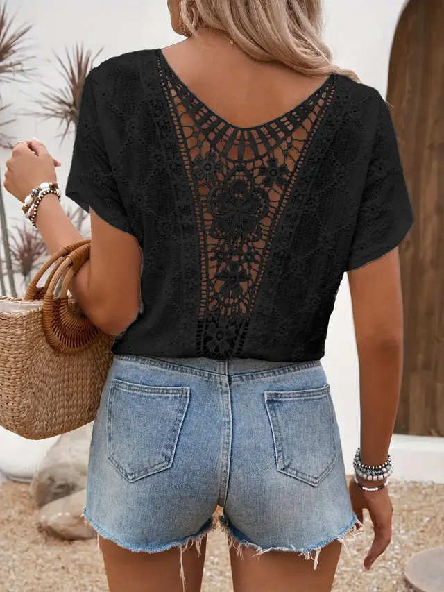 Women's Solid Color Embroidered Hollow Short Sleeve Black - Shop at LoveMi