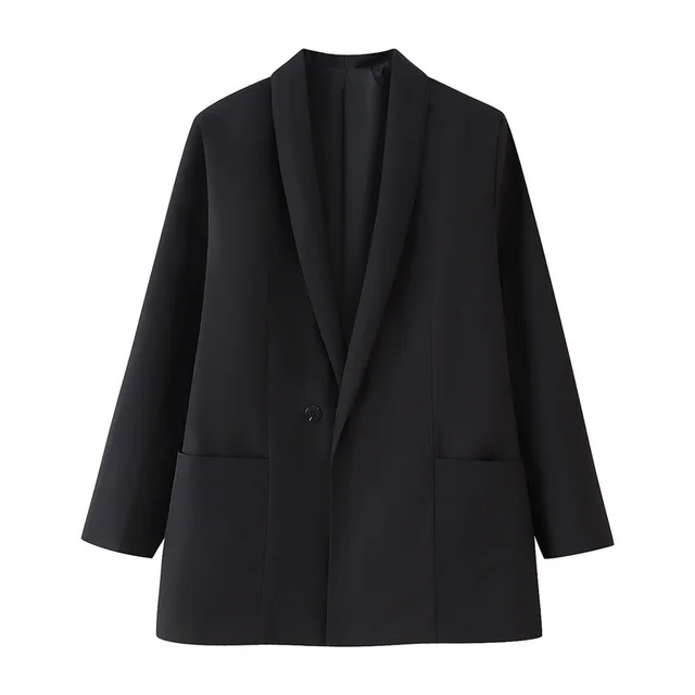 European And American Style Temperament Pure Color Lapel Micro pull Sleeve Commuter Suit Coat Black - Shop at LoveMi
