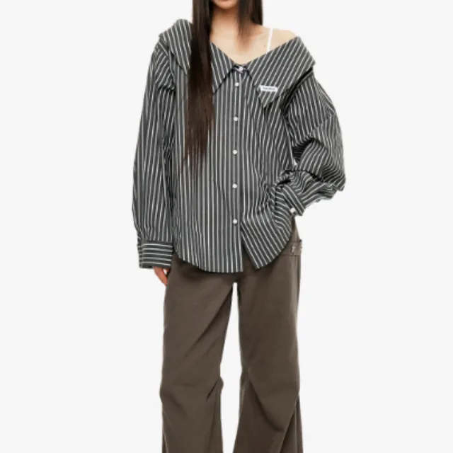 Detachable Splicing Vertical Striped Shirt For Women Dark Gray Stripes - Shop at LoveMi
