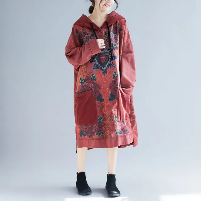 Sweater Ethnic Print Retro Distressed Dress Dark Red - Shop at LoveMi