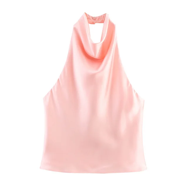 Silk Satin Texture Halter Dress Pink Top - Shop at LoveMi