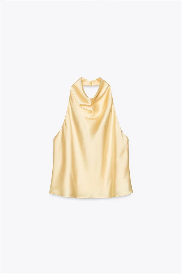 Silk Satin Texture Halter Dress Yellow Top - Shop at LoveMi