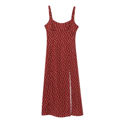 Linen Blended Polka Dot Midi Skirt Suspender Red Dress Red - Shop at LoveMi