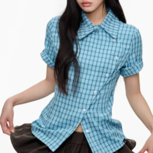 Short Sleeved Checkered Slimming Shirt For Women Blue - Shop at LoveMi