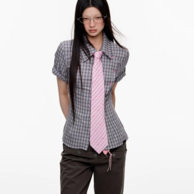Short Sleeved Checkered Slimming Shirt For Women Purple Gray - Shop at LoveMi