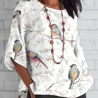 Women's Round-neck Three-quarter-length-sleeved T-shirt Top Printed - Style 1