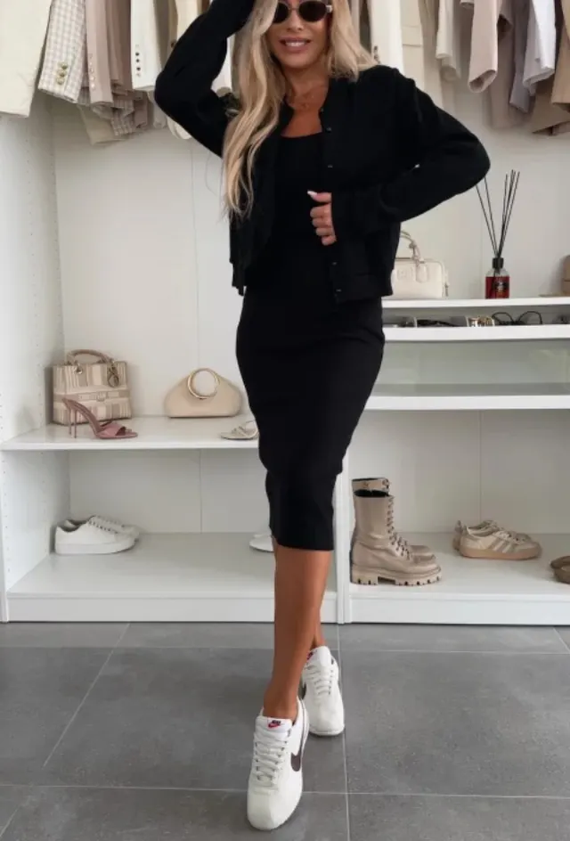 Solid Color Sling Dress Cardigan Outerwear Top Long Skirt Two piece Set Black - Shop at LoveMi