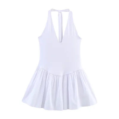European And American Style Solid Color Sexy Slimming Waist Hanging Collar Stitching Dress White - Shop at LoveMi
