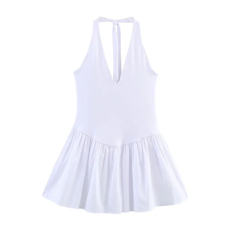 European And American Style Solid Color Sexy Slimming Waist Hanging Collar Stitching Dress - White - View 1