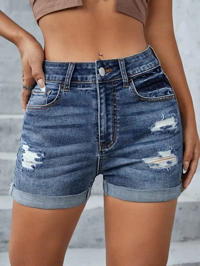 Fashion Personality Women's Ripped Denim Shorts Navy Blue - Shop at LoveMi