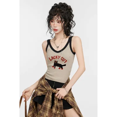 Retro V neck Hot Girl Camisole Khaki - Shop at LoveMi