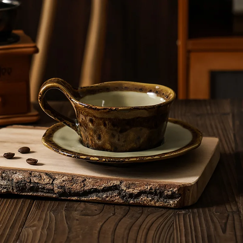 Simple Ceramic Steam Pitcher Creative Mug Kiln Baked Office Afternoon Tea Coffee Cup Plate Set - Brown Kiln Baked Coffee Set - View 1