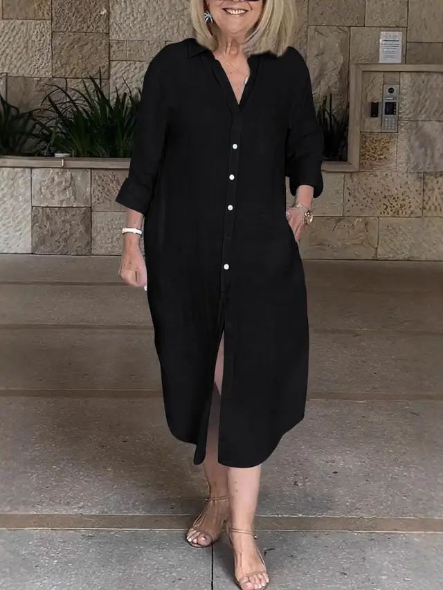 Loose Women's Single breasted Cotton And Linen Dress Black - Shop at LoveMi