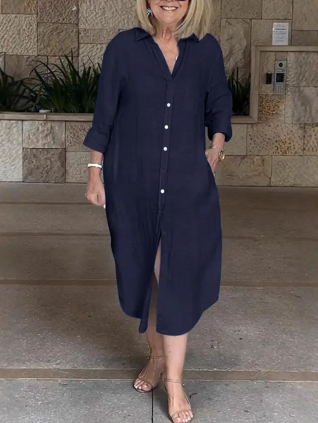 Loose Women's Single breasted Cotton And Linen Dress Navy Blue - Shop at LoveMi