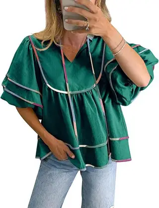 Casual Loose Puff Sleeves V-neck Pullover Top - Green