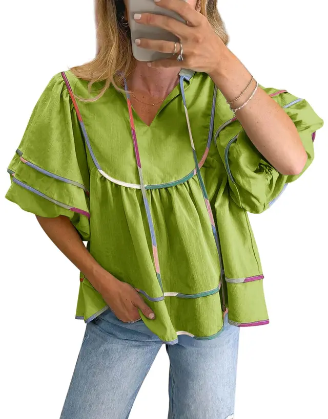 Casual Loose Puff Sleeves V neck Pullover Top Style1 - Shop at LoveMi