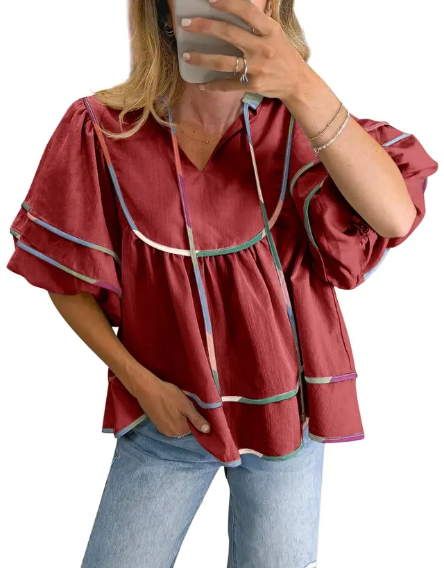 Casual Loose Puff Sleeves V neck Pullover Top Style2 - Shop at LoveMi