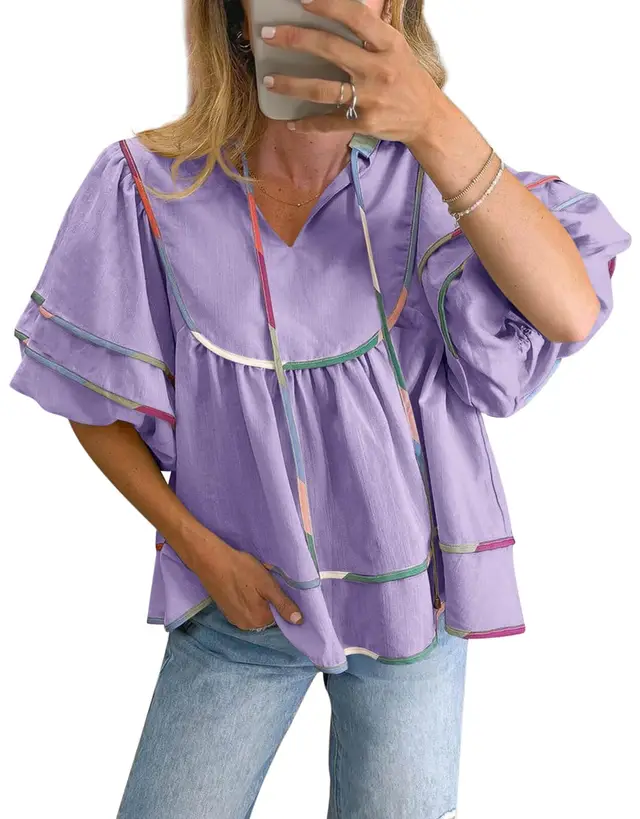 Casual Loose Puff Sleeves V neck Pullover Top Style3 - Shop at LoveMi