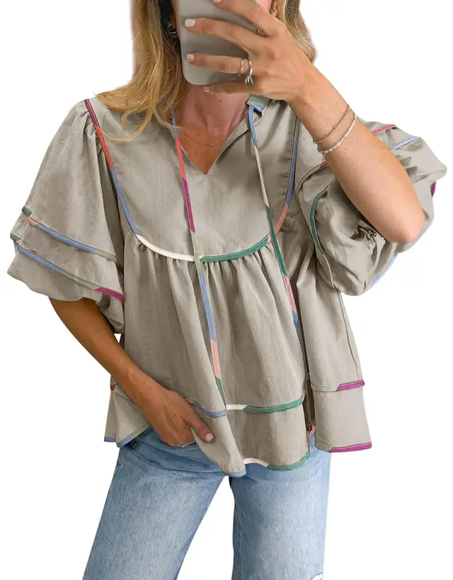 Casual Loose Puff Sleeves V neck Pullover Top Style4 - Shop at LoveMi