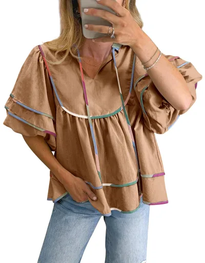 Casual Loose Puff Sleeves V neck Pullover Top Style6 - Shop at LoveMi