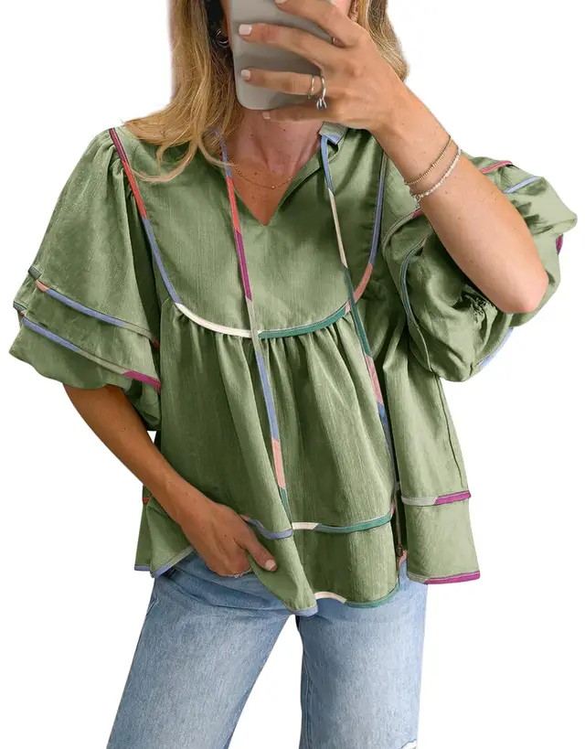 Casual Loose Puff Sleeves V neck Pullover Top Style7 - Shop at LoveMi