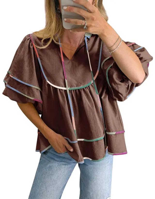 Casual Loose Puff Sleeves V neck Pullover Top Style8 - Shop at LoveMi