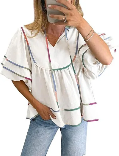 Casual Loose Puff Sleeves V neck Pullover Top White - Shop at LoveMi