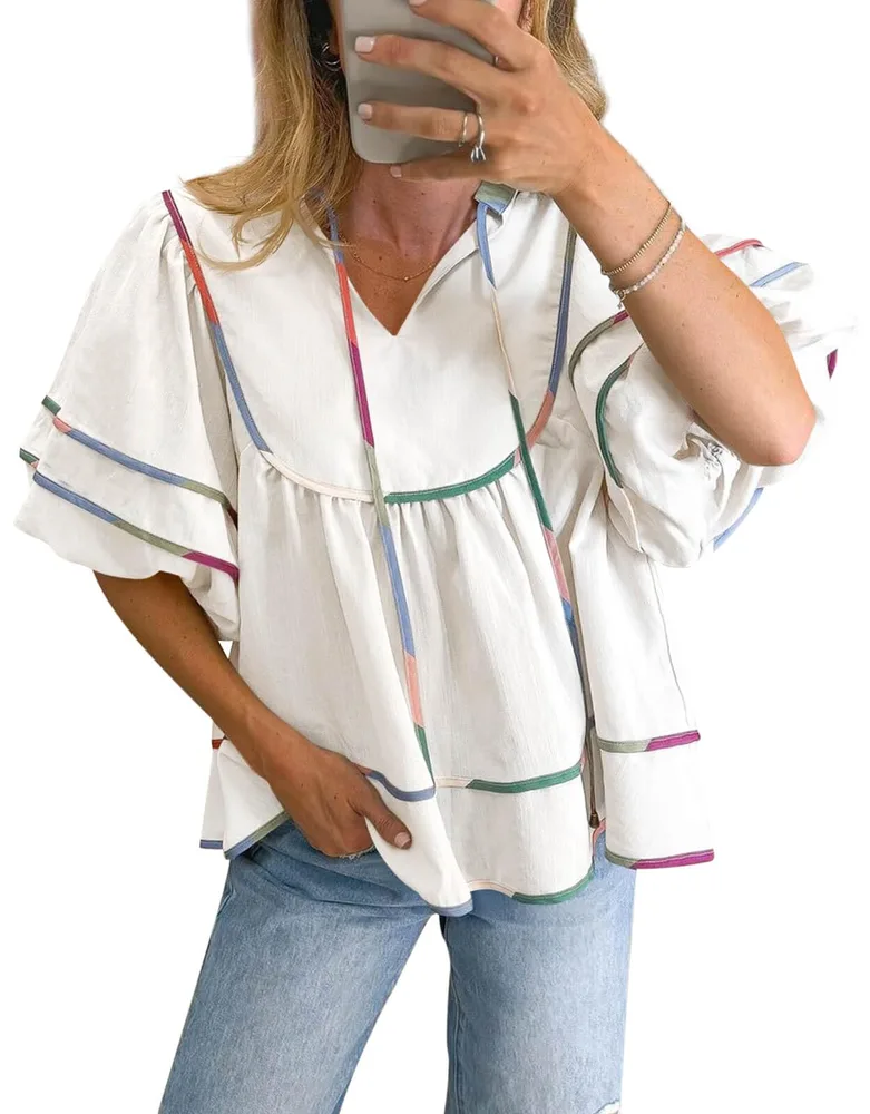 Casual Loose Puff Sleeves V-neck Pullover Top - White