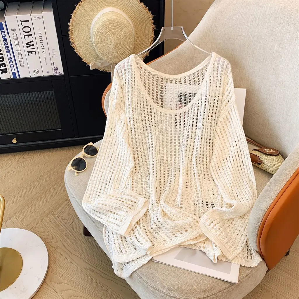 Flab Hiding Sun Protective Blouse Round Neck Design Long Sleeve Top - Apricot