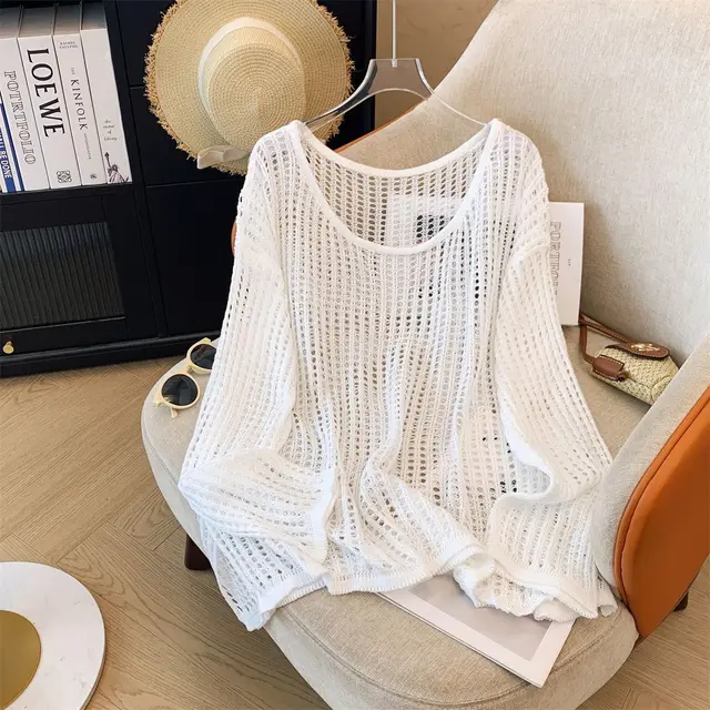 Flab Hiding Sun Protective Blouse Round Neck Design Long Sleeve Top White - Shop at LoveMi