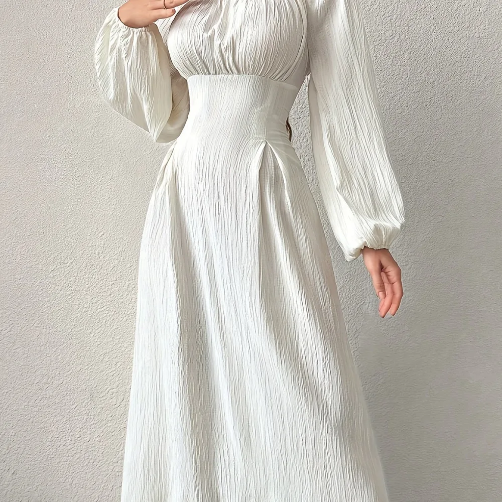 Stunning Textured Cross Tie Lantern Sleeve Midi Dress White - Shop at LoveMi