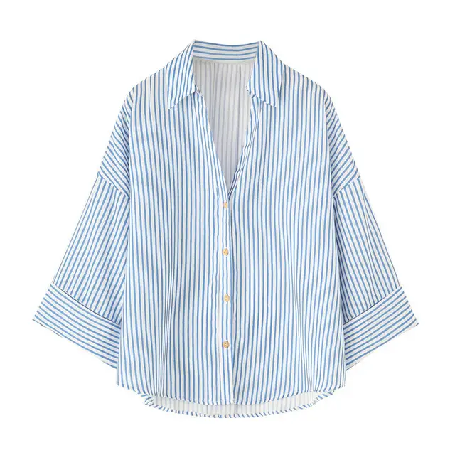 Linen Blended Wide Sleeve V neck Temperament Shirt Blue - Shop at LoveMi