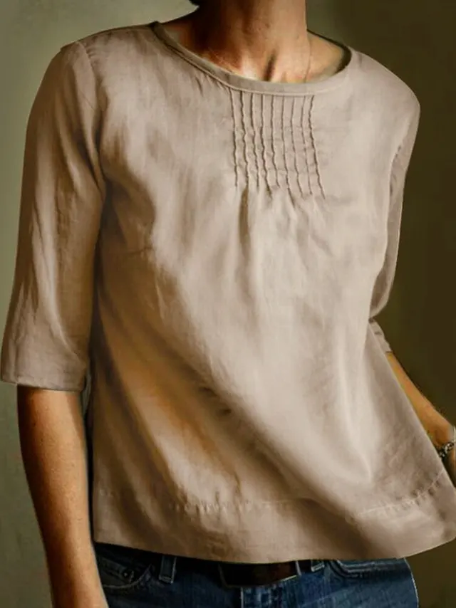 Women's Solid Color Loose Round Neck Shirt With Half Sleeve Top Dark Khaki Cloth Color - Shop at LoveMi