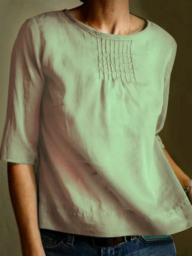 Women's Solid Color Loose Round Neck Shirt With Half Sleeve Top Green - Shop at LoveMi