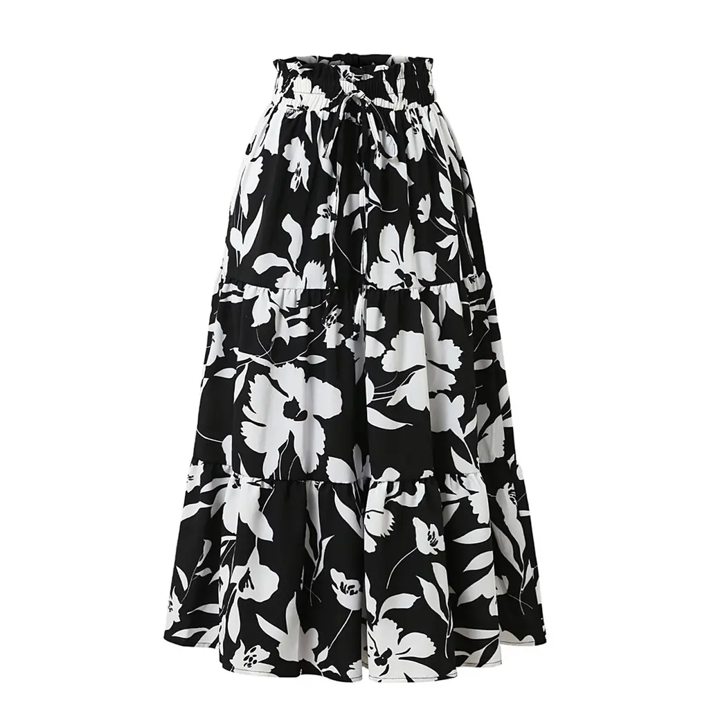 European And American Printed A- Line Skirt Pleated Skirt Women - Black