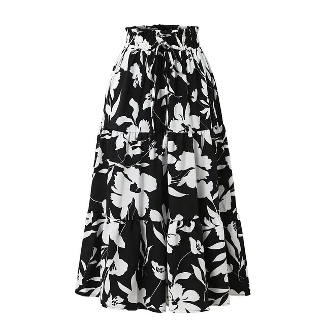 European And American Printed A Line Skirt Pleated Skirt Women Black - Shop at LoveMi