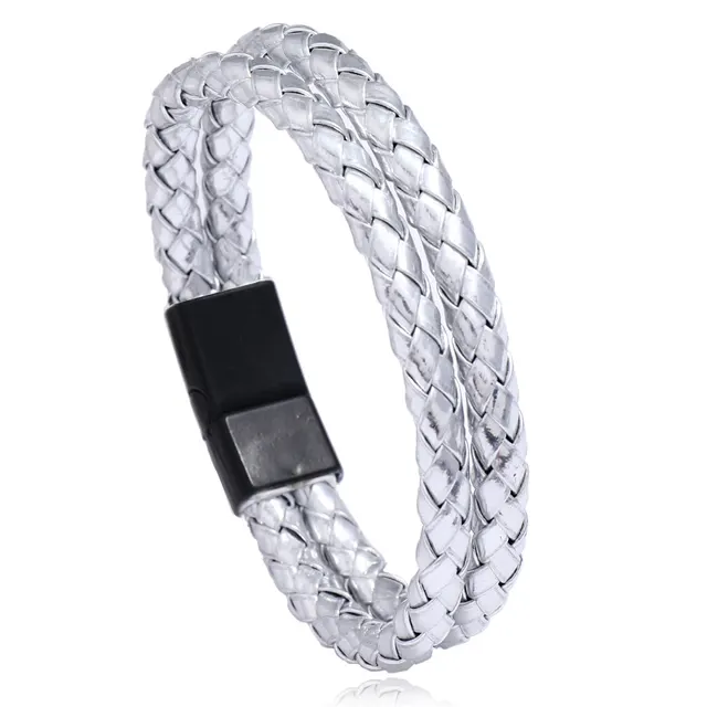 Men's Trendy Vintage Weave Double Ring Bracelet Black Buckle Silver Leather - Shop at LoveMi