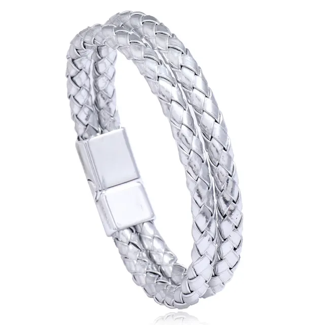 Men's Trendy Vintage Weave Double Ring Bracelet White Buckle Silver Leather - Shop at LoveMi