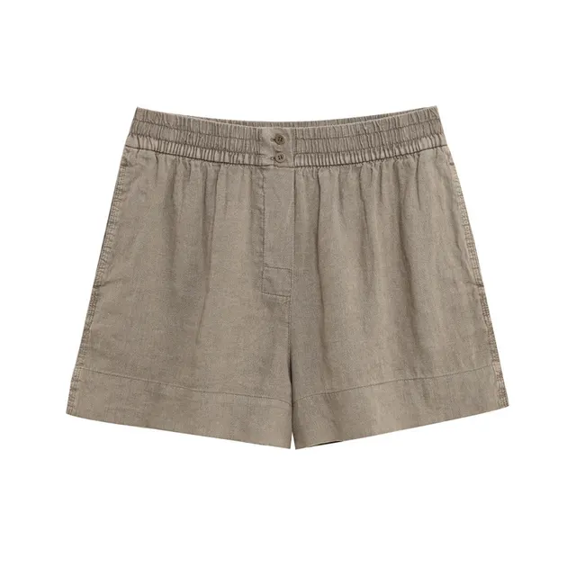 Long Linen Sleeves V neck Shirt Mid waist Shorts Brown Pants - Shop at LoveMi