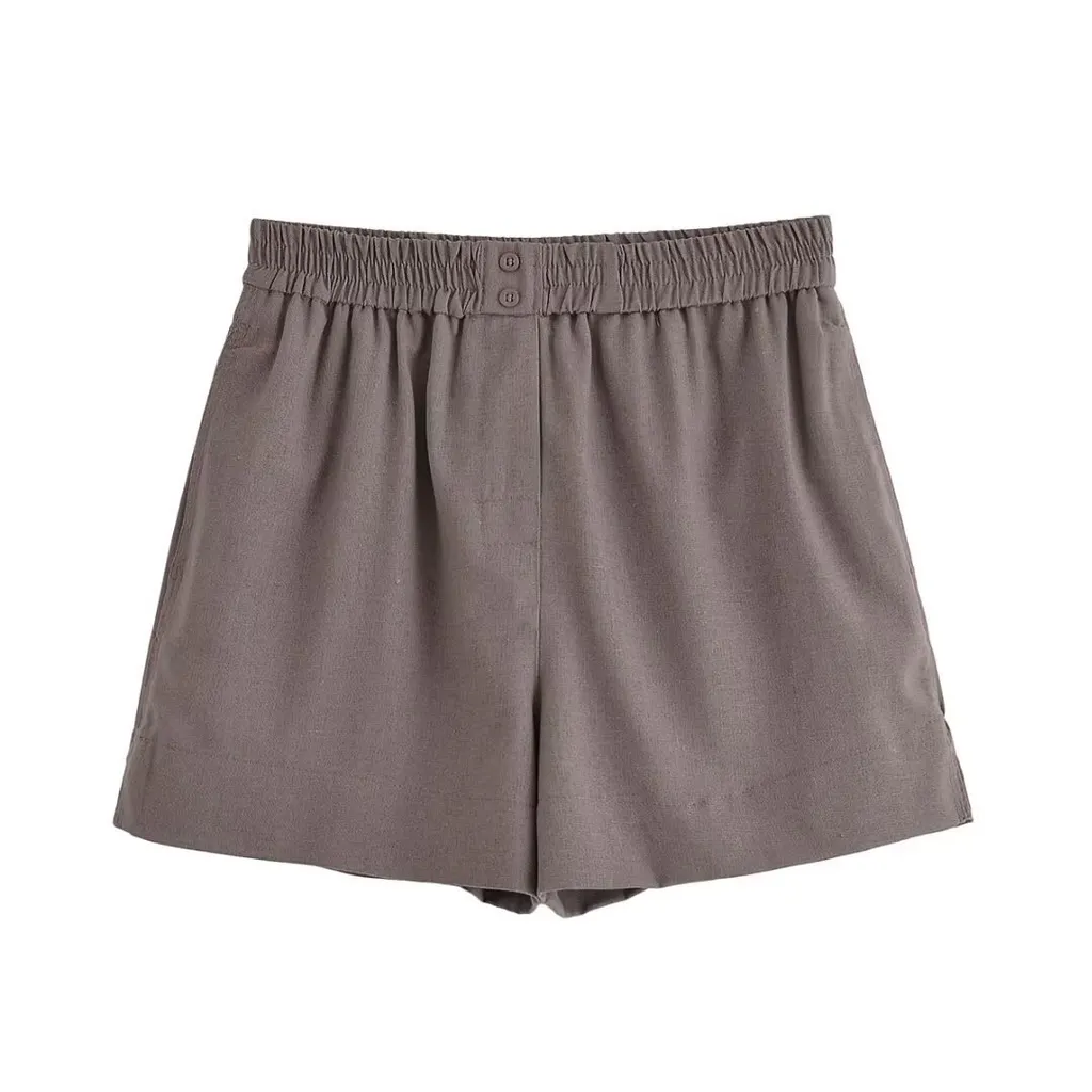 Long Linen Sleeves V-neck Shirt Mid-waist Shorts - Camel Colored Pants